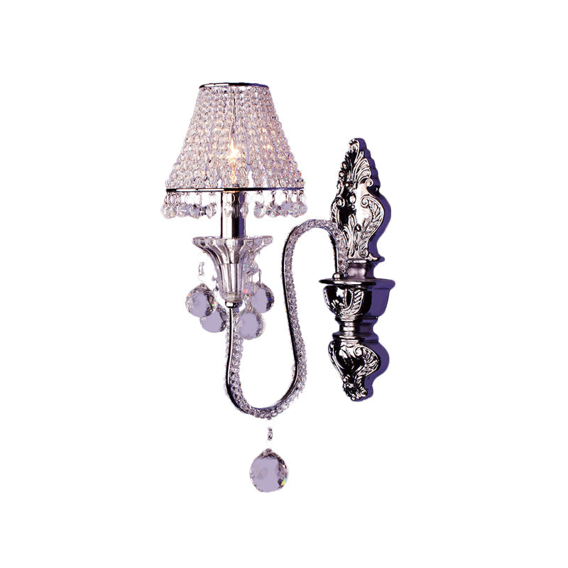 Frendorf | 1/2-Head Crystal Beaded Wall Lamp Platteland Zilver Conische Bedlamp Wandmontage Lichtarmatuur met Afbuigende Arm