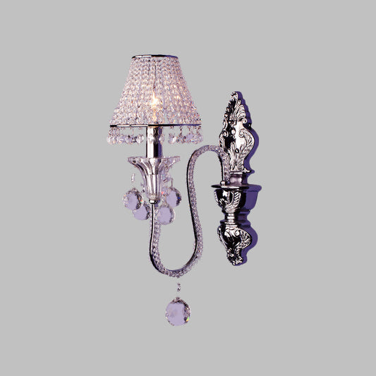 Frendorf | 1/2-Head Crystal Beaded Wall Lamp Platteland Zilver Conische Bedlamp Wandmontage Lichtarmatuur met Afbuigende Arm