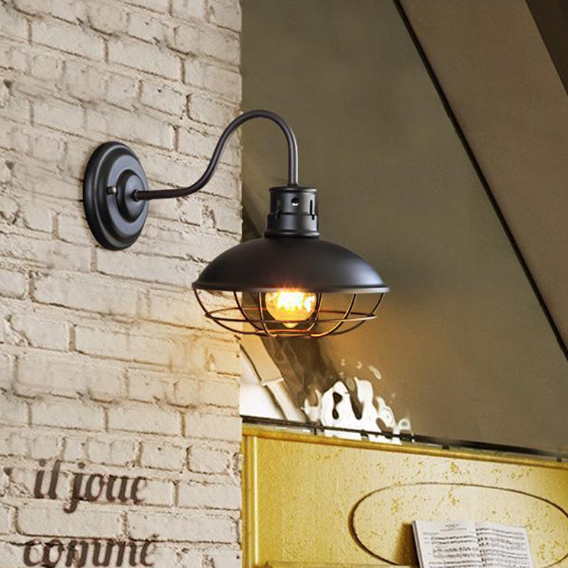 Frendorf | Breite Schüssel Eisen Wandlampe Industriestil 1-Licht Bistro Wandleuchte mit unterem Drahtkäfig in Schwarz/Kaffee