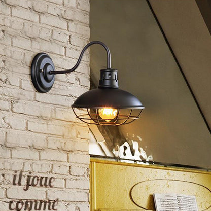 Frendorf | Breite Schüssel Eisen Wandlampe Industriestil 1-Licht Bistro Wandleuchte mit unterem Drahtkäfig in Schwarz/Kaffee