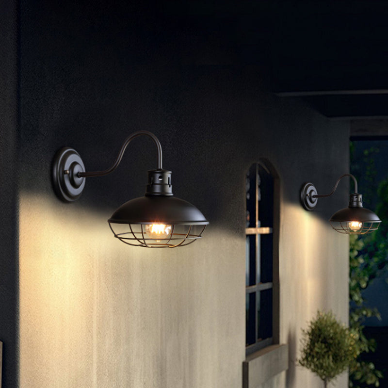 Frendorf | Breite Schüssel Eisen Wandlampe Industriestil 1-Licht Bistro Wandleuchte mit unterem Drahtkäfig in Schwarz/Kaffee