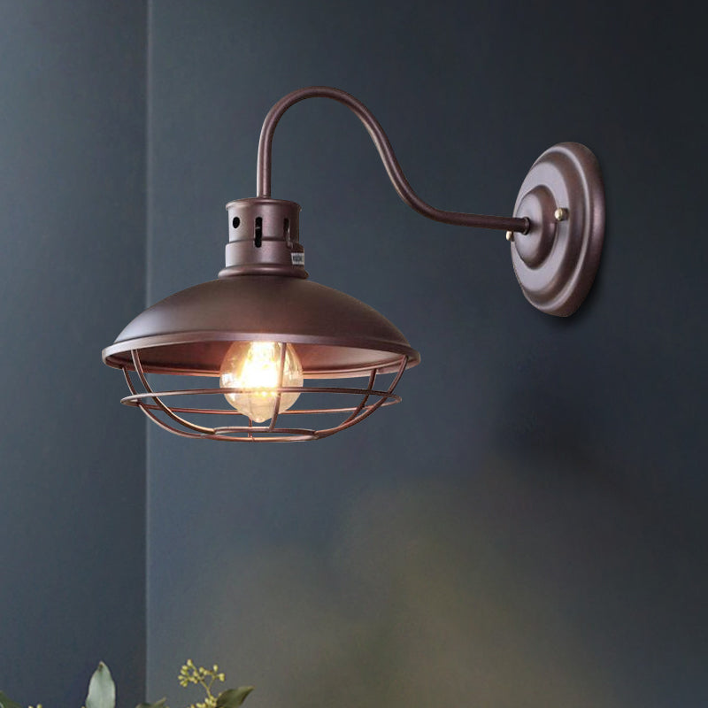 Frendorf | Breite Schüssel Eisen Wandlampe Industriestil 1-Licht Bistro Wandleuchte mit unterem Drahtkäfig in Schwarz/Kaffee