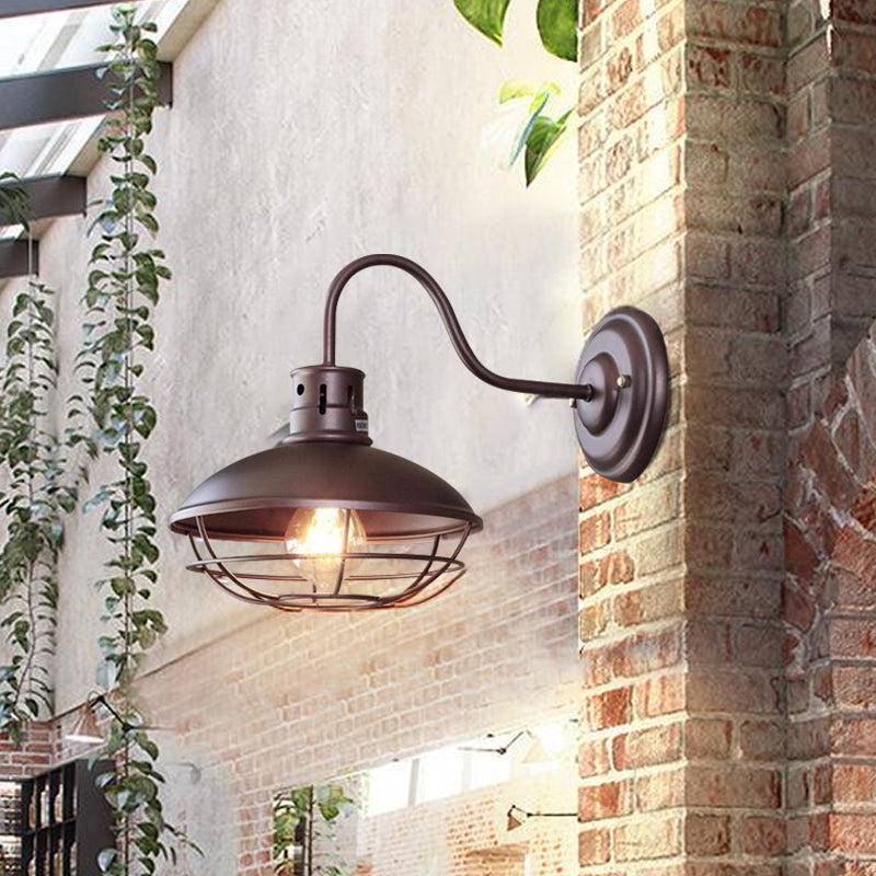 Frendorf | Breite Schüssel Eisen Wandlampe Industriestil 1-Licht Bistro Wandleuchte mit unterem Drahtkäfig in Schwarz/Kaffee