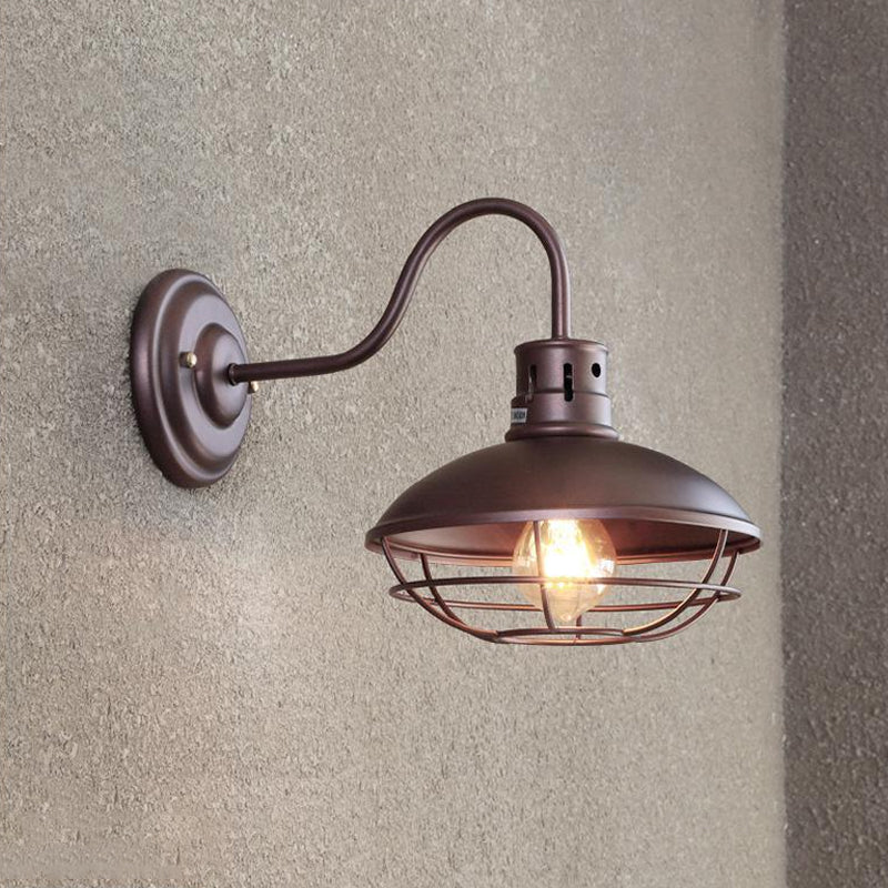 Frendorf | Breite Schüssel Eisen Wandlampe Industriestil 1-Licht Bistro Wandleuchte mit unterem Drahtkäfig in Schwarz/Kaffee