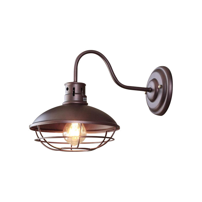 Frendorf | Breite Schüssel Eisen Wandlampe Industriestil 1-Licht Bistro Wandleuchte mit unterem Drahtkäfig in Schwarz/Kaffee
