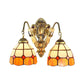 Frendorf | 2 Köpfe Wandmontierte Lampe Tiffany Kuppel/Kegel Mehrfarbiges Glas Wandleuchte aus Messing mit Edelstein/Rhombus/Kreis Muster
