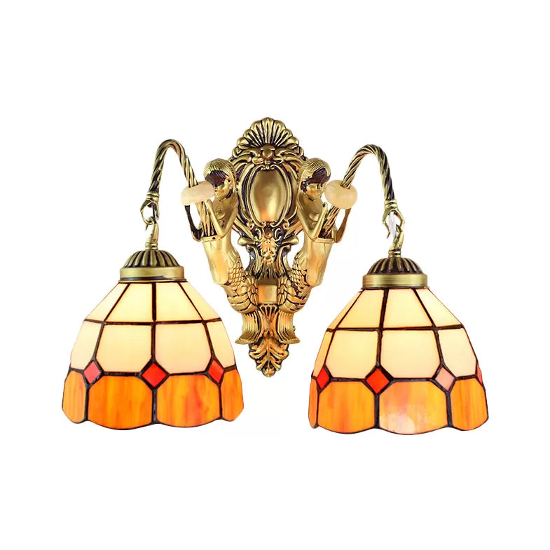 Frendorf | 2 Köpfe Wandmontierte Lampe Tiffany Kuppel/Kegel Mehrfarbiges Glas Wandleuchte aus Messing mit Edelstein/Rhombus/Kreis Muster