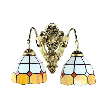 Frendorf | 2 Köpfe Wandmontierte Lampe Tiffany Kuppel/Kegel Mehrfarbiges Glas Wandleuchte aus Messing mit Edelstein/Rhombus/Kreis Muster