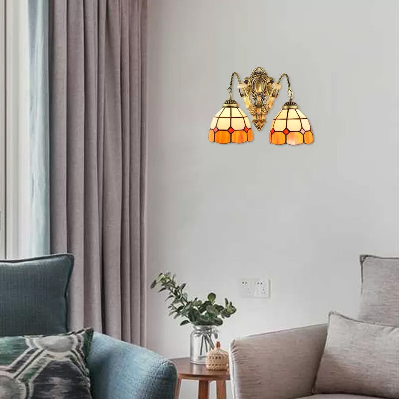 Frendorf | 2 Köpfe Wandmontierte Lampe Tiffany Kuppel/Kegel Mehrfarbiges Glas Wandleuchte aus Messing mit Edelstein/Rhombus/Kreis Muster
