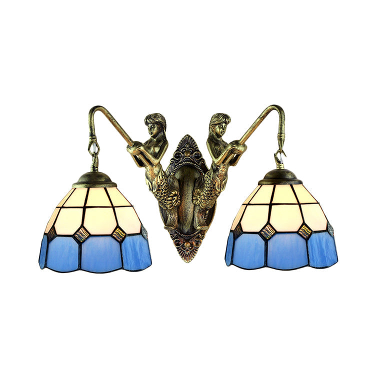Frendorf | 2 Köpfe Wandmontierte Lampe Tiffany Kuppel/Kegel Mehrfarbiges Glas Wandleuchte aus Messing mit Edelstein/Rhombus/Kreis Muster