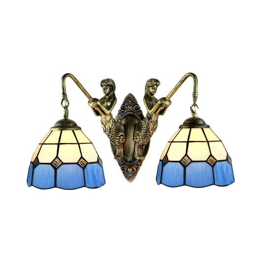 Frendorf | 2 Köpfe Wandmontierte Lampe Tiffany Kuppel/Kegel Mehrfarbiges Glas Wandleuchte aus Messing mit Edelstein/Rhombus/Kreis Muster