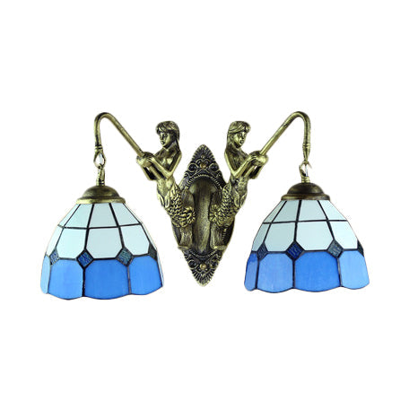 Frendorf | 2 Köpfe Wandmontierte Lampe Tiffany Kuppel/Kegel Mehrfarbiges Glas Wandleuchte aus Messing mit Edelstein/Rhombus/Kreis Muster