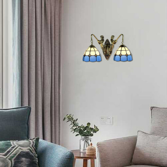 Frendorf | 2 Köpfe Wandmontierte Lampe Tiffany Kuppel/Kegel Mehrfarbiges Glas Wandleuchte aus Messing mit Edelstein/Rhombus/Kreis Muster