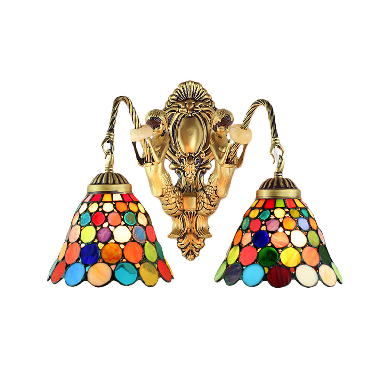 Frendorf | 2 Köpfe Wandmontierte Lampe Tiffany Kuppel/Kegel Mehrfarbiges Glas Wandleuchte aus Messing mit Edelstein/Rhombus/Kreis Muster