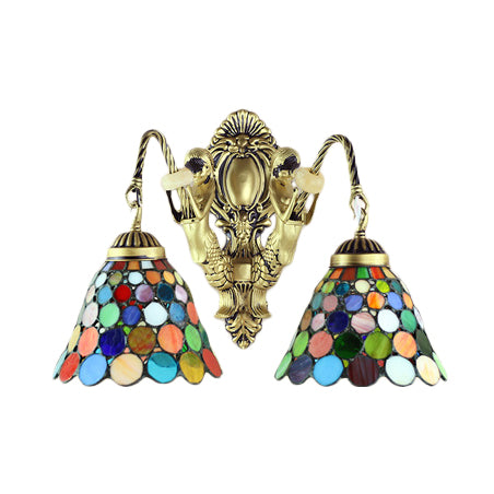Frendorf | 2 Köpfe Wandmontierte Lampe Tiffany Kuppel/Kegel Mehrfarbiges Glas Wandleuchte aus Messing mit Edelstein/Rhombus/Kreis Muster