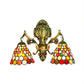 Frendorf | 2 Köpfe Wandmontierte Lampe Tiffany Kuppel/Kegel Mehrfarbiges Glas Wandleuchte aus Messing mit Edelstein/Rhombus/Kreis Muster
