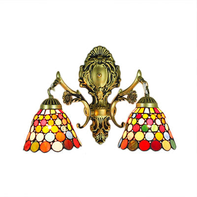 Frendorf | 2 Köpfe Wandmontierte Lampe Tiffany Kuppel/Kegel Mehrfarbiges Glas Wandleuchte aus Messing mit Edelstein/Rhombus/Kreis Muster