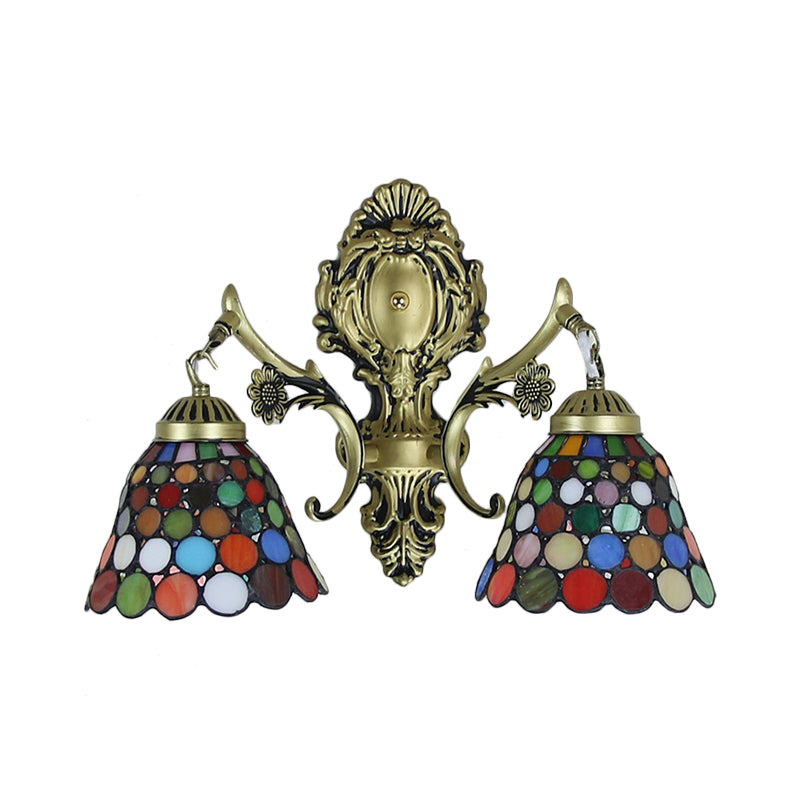 Frendorf | 2 Köpfe Wandmontierte Lampe Tiffany Kuppel/Kegel Mehrfarbiges Glas Wandleuchte aus Messing mit Edelstein/Rhombus/Kreis Muster