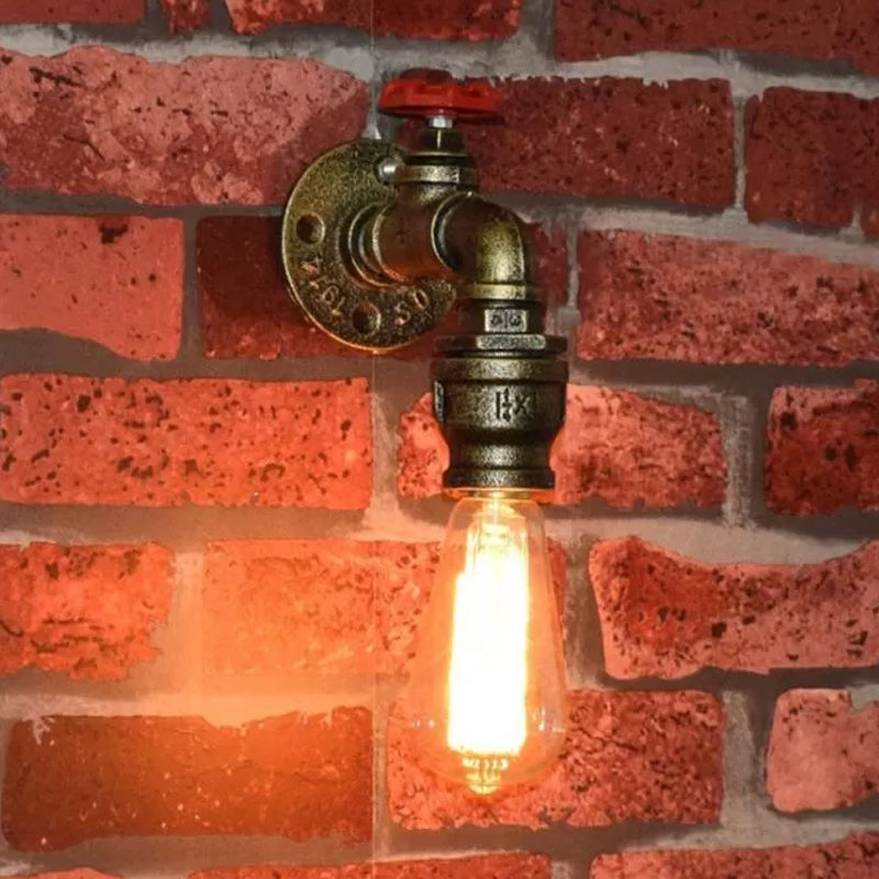 Frendorf | 1 Kopf Metall Wandbeleuchtung Vintage Gold Wasserrohr Restaurant Wandmontage Lampe mit Ventil
