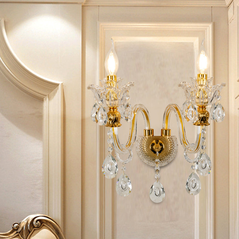 Frendorf | 1/2-Glühbirne Klarglasbeschichtete Wandleuchte Vintage Gold Kerzenstil Lounge Wandleuchte mit gewelltem Arm