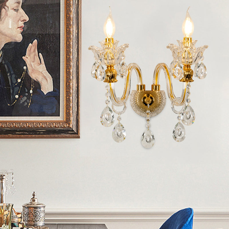Frendorf | 1/2-Glühbirne Klarglasbeschichtete Wandleuchte Vintage Gold Kerzenstil Lounge Wandleuchte mit gewelltem Arm