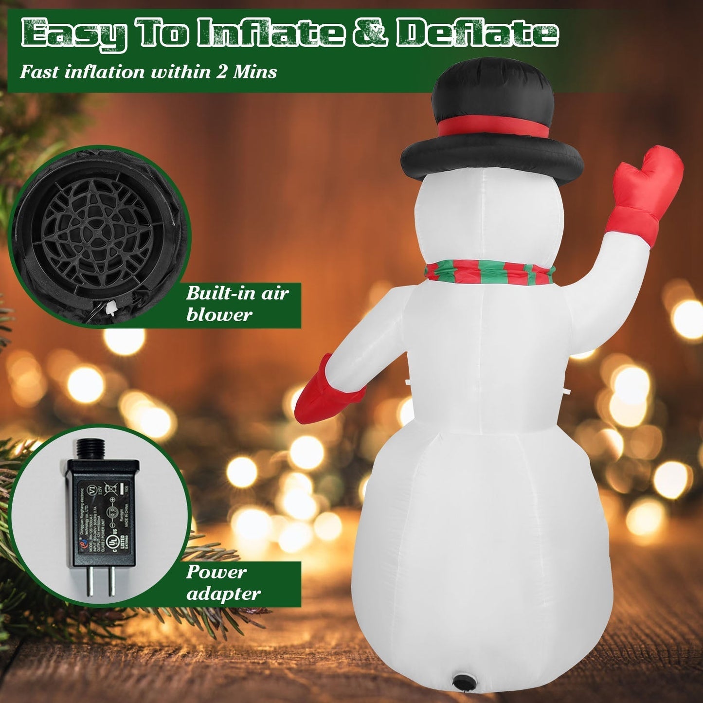 Frendorf | 2,4 m Weihnachts Inflatable Riesen Schneemann Aufblasen mit LED-Lichtern Hut Schal