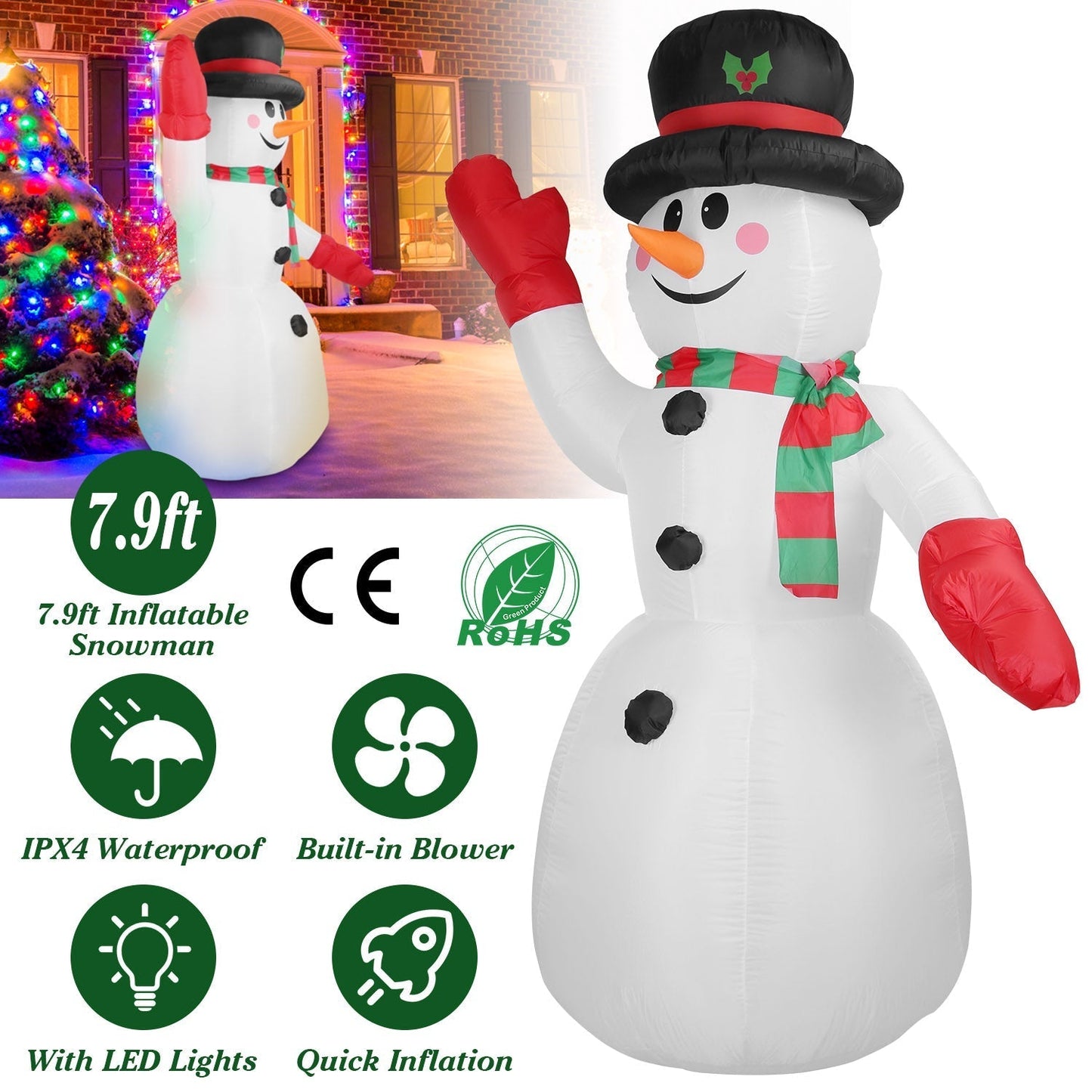 Frendorf | 2,4 m Weihnachts Inflatable Riesen Schneemann Aufblasen mit LED-Lichtern Hut Schal