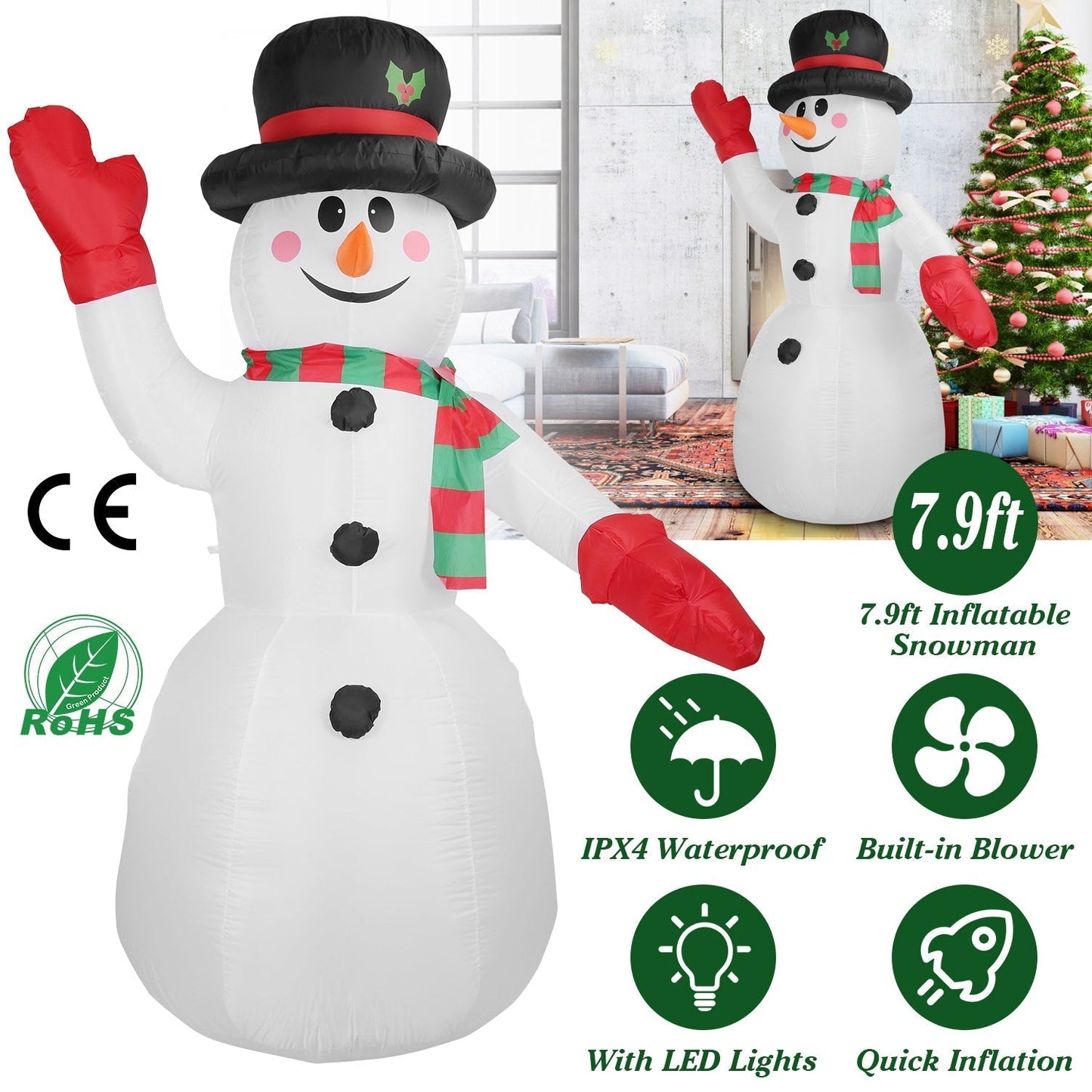 Frendorf | 2,4 m Weihnachts Inflatable Riesen Schneemann Aufblasen mit LED-Lichtern Hut Schal