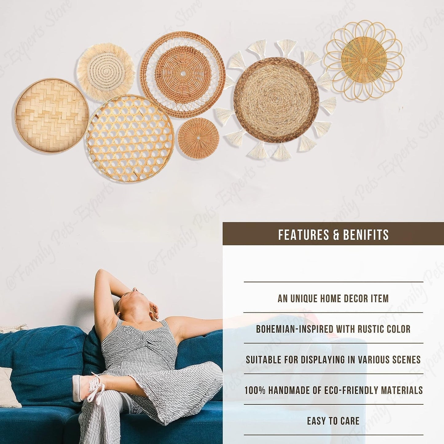 7 Stück Boho Rattan Wanddekoration Hängende Geflochtene Körbe Deko Bohemian Wohnkultur Handgemachte Weiden Wanddekoration für Schlafzimmer Bauernhaus