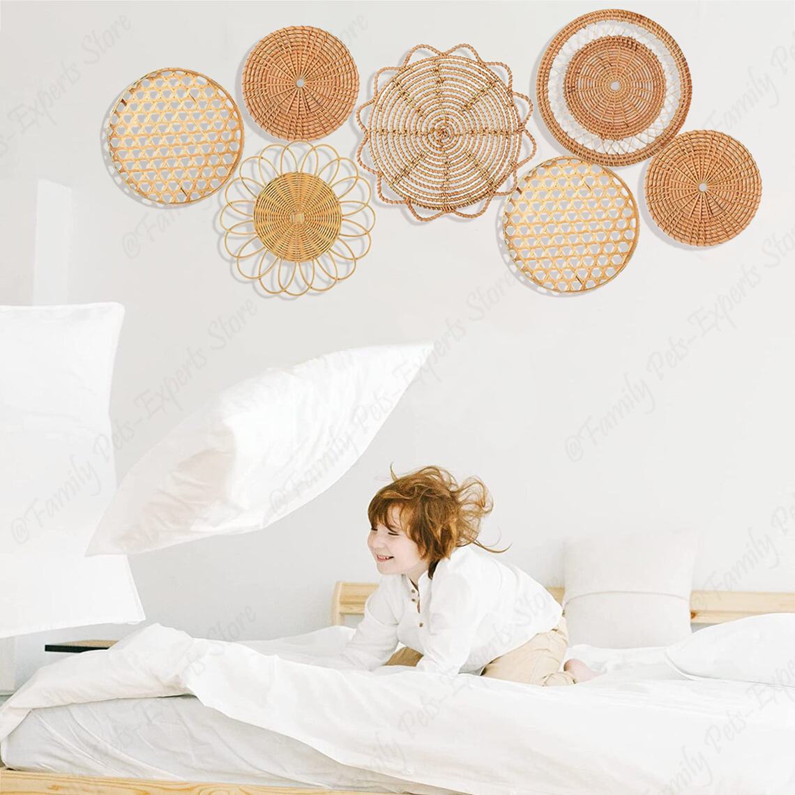 7 Stück Boho Rattan Wanddekoration Hängende Geflochtene Körbe Deko Bohemian Wohnkultur Handgemachte Weiden Wanddekoration für Schlafzimmer Bauernhaus