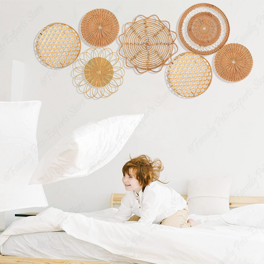 7 Stück Boho Rattan Wanddekoration Hängende Geflochtene Körbe Deko Bohemian Wohnkultur Handgemachte Weiden Wanddekoration für Schlafzimmer Bauernhaus