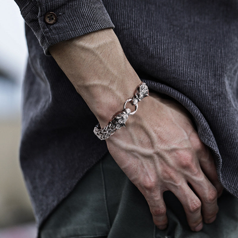 Frendorf | Viking Edelstahl Doppelwolfkopf Fenrir Armband
