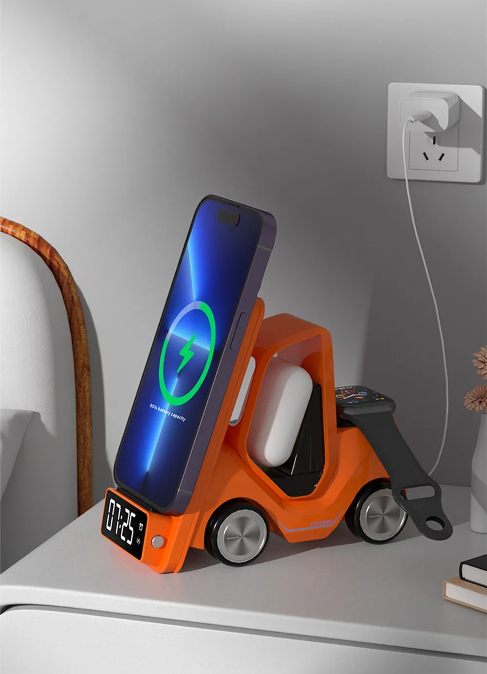 Frendorf | Auto-förmige kabellose Ladestation & LED-Wecker – 3-in-1 Schnellladung für iPhone, Apple Watch & Air Pods