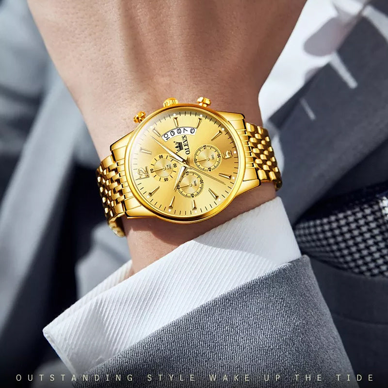 Frendorf | Luxus Gold Drei-Augen Chronograph Zifferblatt Automatische Mechanische Uhr