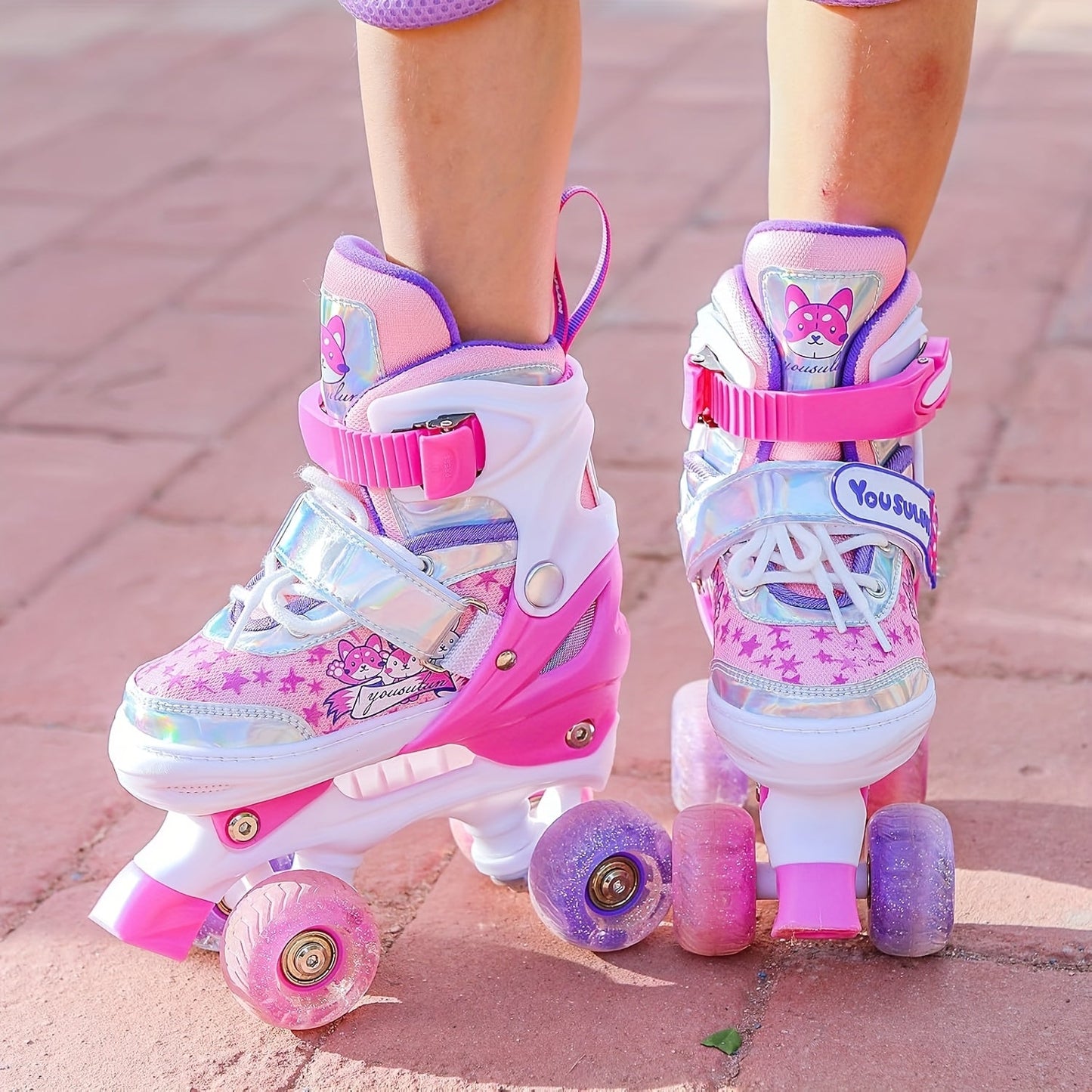 Frendorf | Verstellbare Rollschuhe für Kinder – Glitzernder Sternen Muster mit Licht Rädern