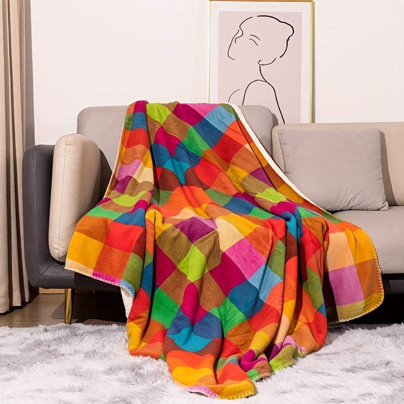 Korallfleece-Decke – Wendbare dicke Sherpa-Decke mit buntem kariertem Muster