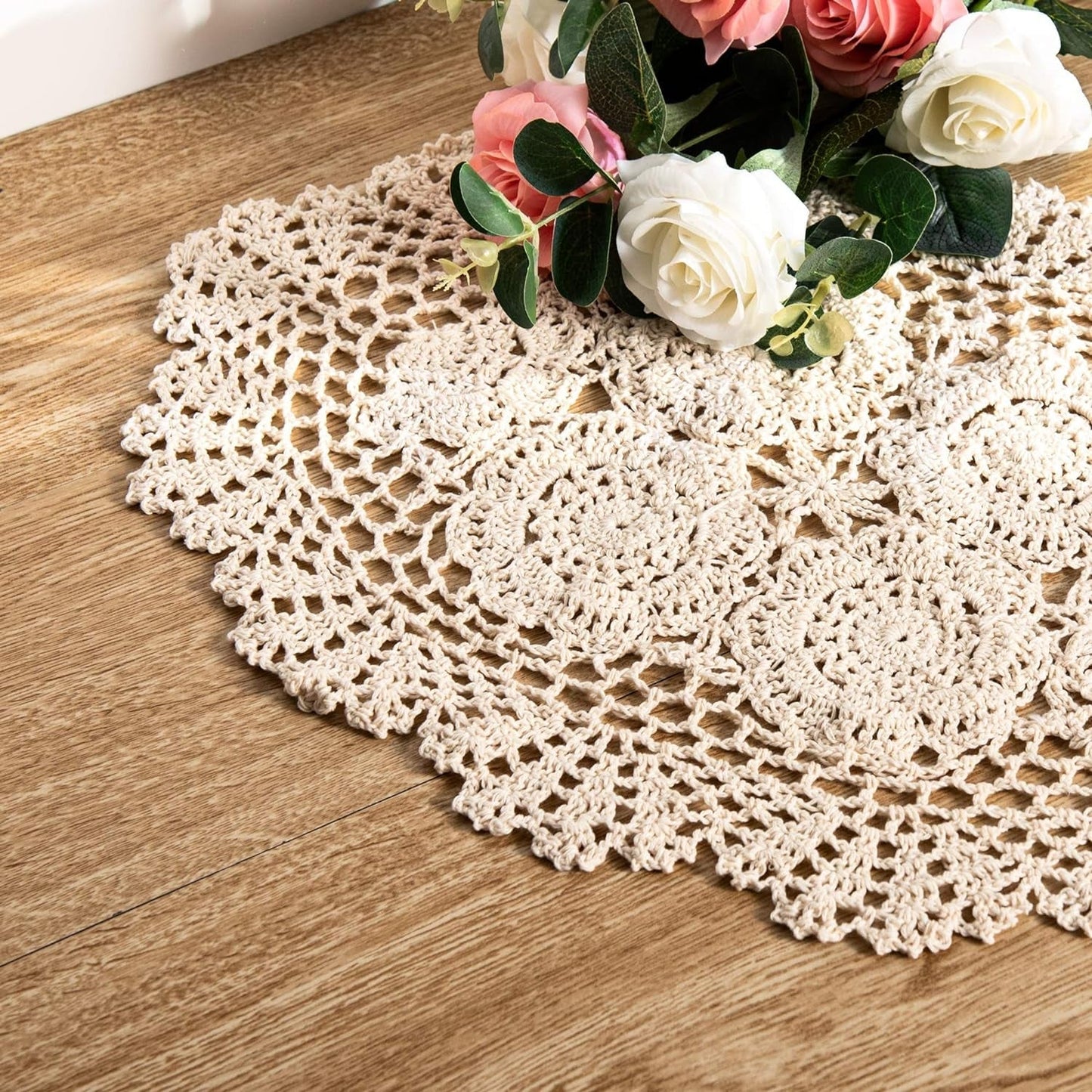 Frendorf | 2-Teilig Handgefertigte Baumwolle Häkel-Untersetzer Ovale Spitze Tischplatzsets 12 X 17 Zoll, Beige