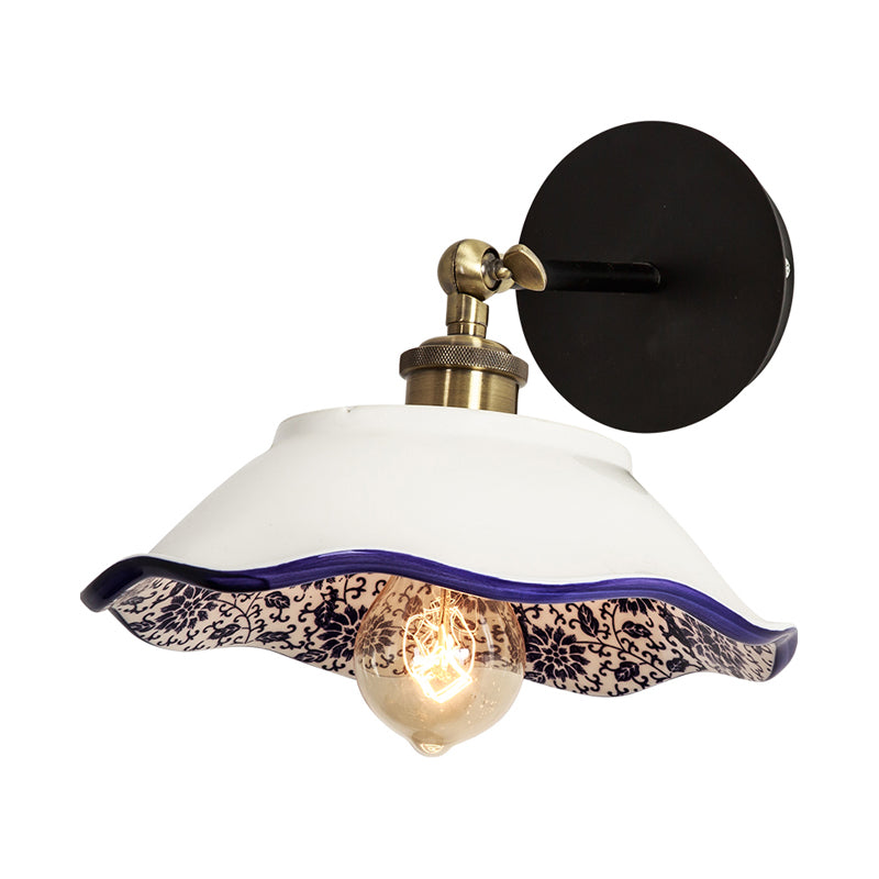 Frendorf | 1 Licht Wandmontage Verlichting Vintage Restaurant Wandlamp Armatuur met Golf/Scalloped Kom/Keramische Shade in Wit