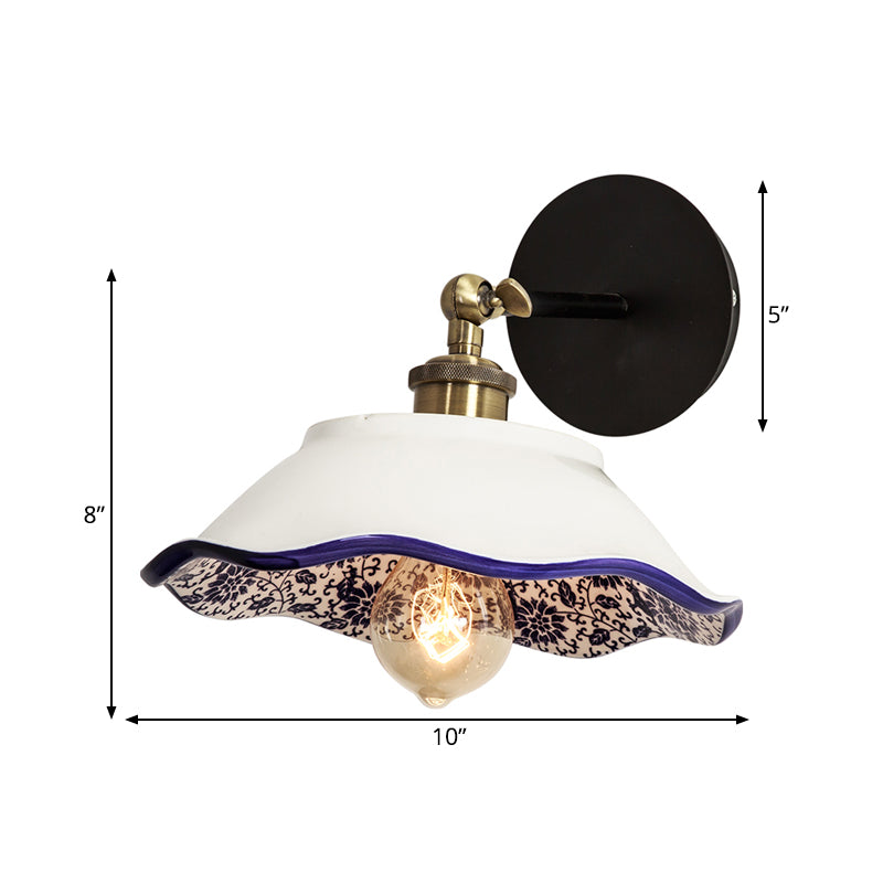 Frendorf | 1 Licht Wandmontage Verlichting Vintage Restaurant Wandlamp Armatuur met Golf/Scalloped Kom/Keramische Shade in Wit