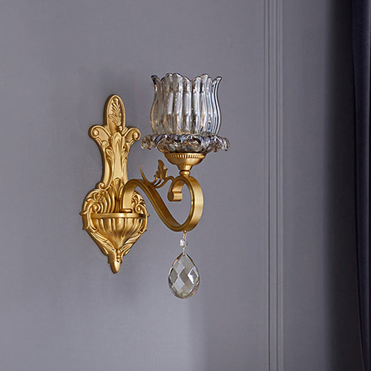 Frendorf | 1 Licht Blume Wandbeleuchtungs-Ideen Traditionelle goldene Ausführung Kristall Wandlampe mit gebogenem Arm