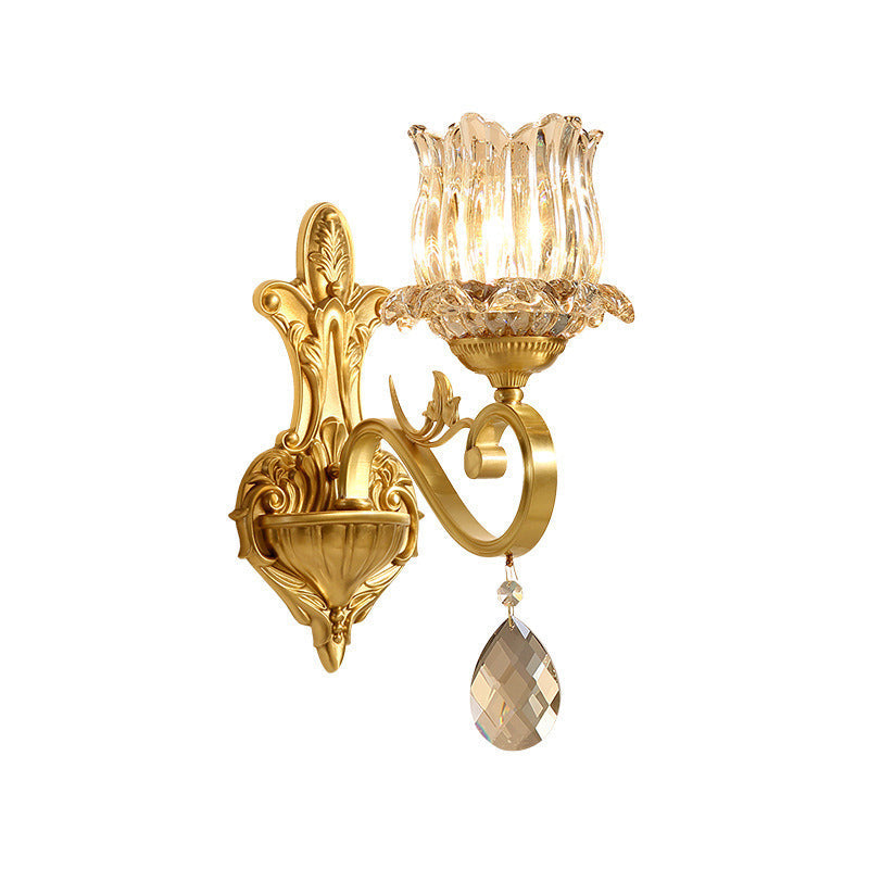 Frendorf | 1 Licht Blume Wandbeleuchtungs-Ideen Traditionelle goldene Ausführung Kristall Wandlampe mit gebogenem Arm