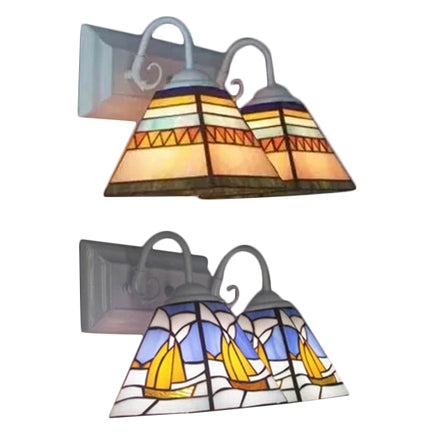 Frendorf | Piramide Wandlamp Tiffany Stijl Rvs Glas 2 Lampen Witte Vanity Wandlamp voor Woonkamer, Mediterraan / Boot