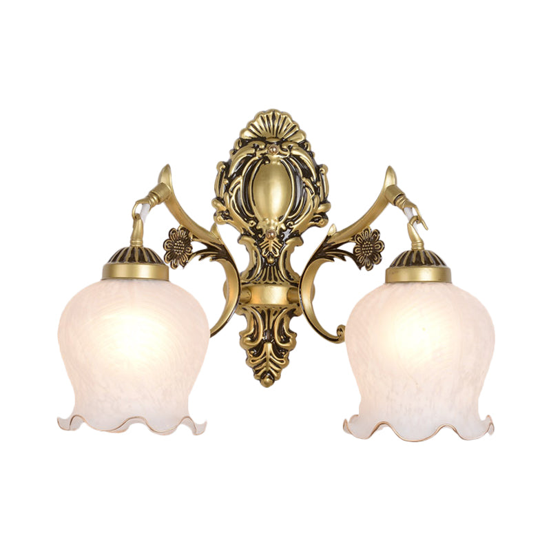 Frendorf | Antiqued Flower Wandmontage Verlichting 1/2-Kop Opal Glas Wandlamp Fixture in Brons voor Slaapkamer