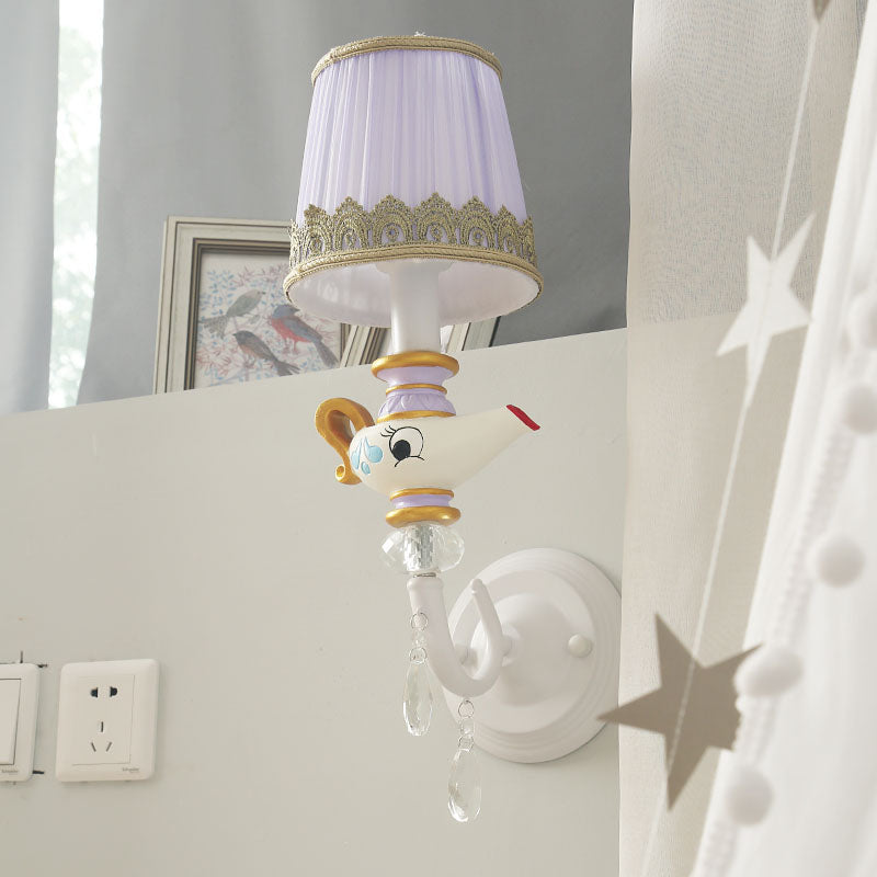 Frendorf | 1 Kopf Innen Wandbeleuchtung Zeitgenössische Weiß-Gold Wandlampe mit Fässern Stoffschirm und Teekanne Deco