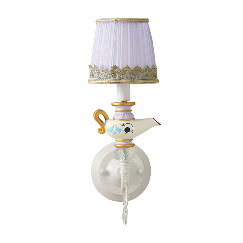 Frendorf | 1 Kopf Innen Wandbeleuchtung Zeitgenössische Weiß-Gold Wandlampe mit Fässern Stoffschirm und Teekanne Deco