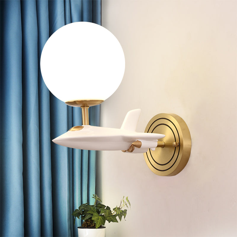 Frendorf | Kids Spaceship Shape Base Gold Wall Light Fixture 1/2 Bulbs Sconce Light with Globe Cream Glass Shade in White and Gold