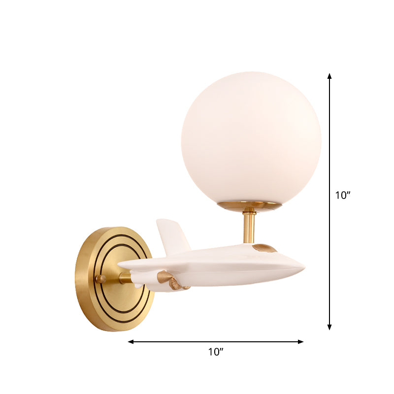 Frendorf | Kids Spaceship Shape Base Gold Wall Light Fixture 1/2 Bulbs Sconce Light with Globe Cream Glass Shade in White and Gold