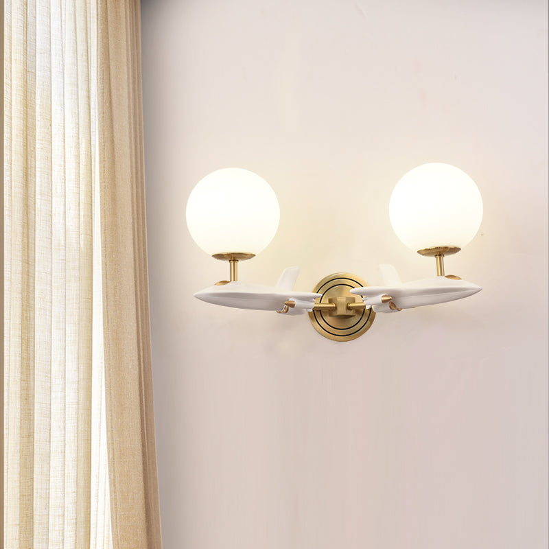 Frendorf | Kids Spaceship Shape Base Gold Wall Light Fixture 1/2 Bulbs Sconce Light with Globe Cream Glass Shade in White and Gold