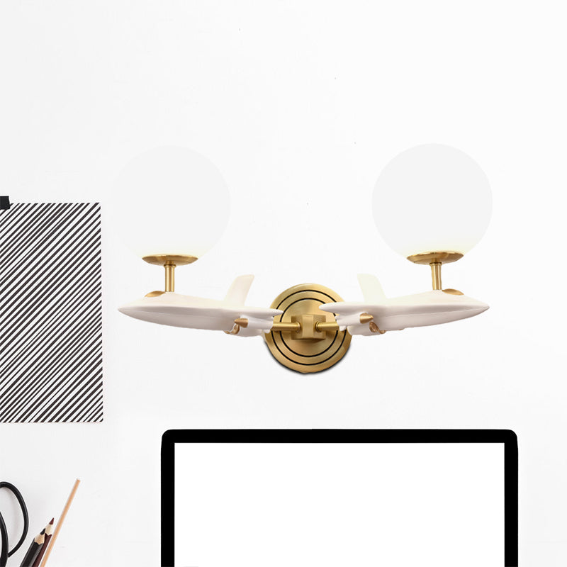 Frendorf | Kids Spaceship Shape Base Gold Wall Light Fixture 1/2 Bulbs Sconce Light with Globe Cream Glass Shade in White and Gold