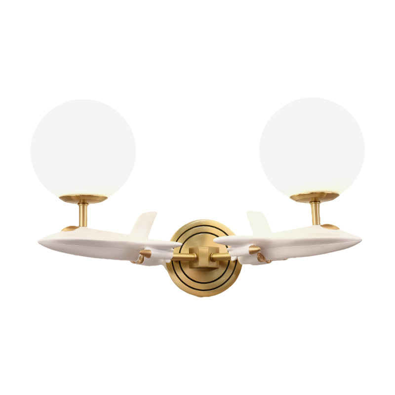 Frendorf | Kids Spaceship Shape Base Gold Wall Light Fixture 1/2 Bulbs Sconce Light with Globe Cream Glass Shade in White and Gold